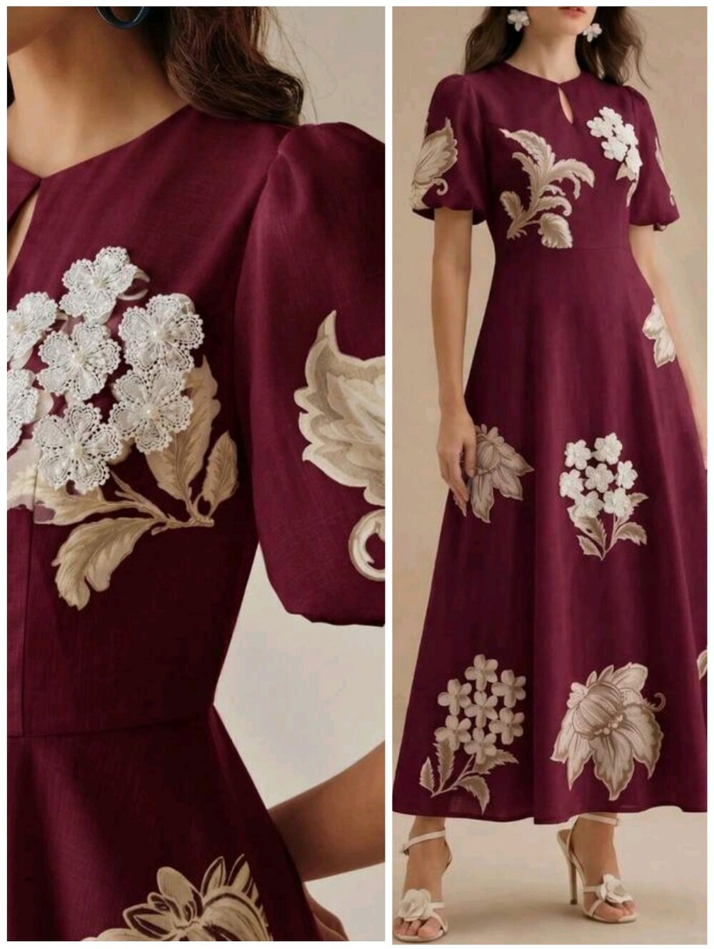 New Luxe Beaded Floral Keyhole Puff Sleeve Maxi Dress Burgundy Red Cream